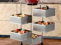 TEX-RO Kitchen Trolley with Wheels | 5-Layer Metal Vegetable Basket Stand & Kitchen Storage Rack | Multipurpose Kitchen Organizer for Onion Potato Storage (Silver Grey)