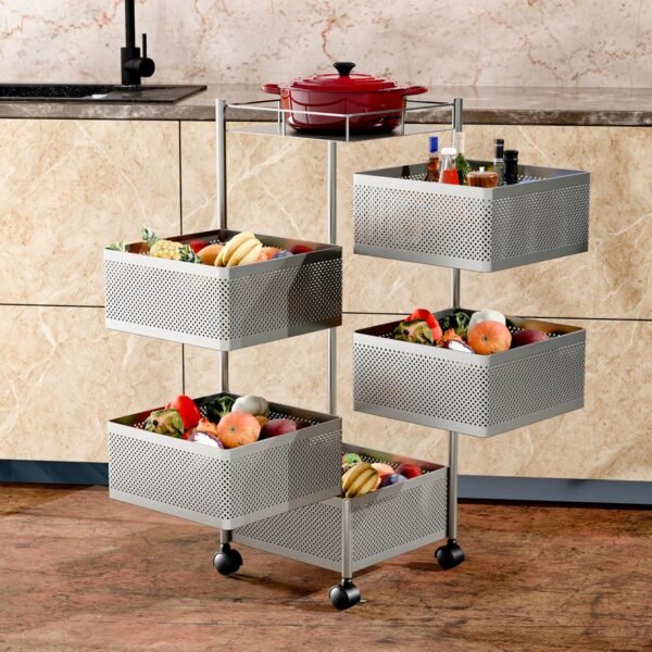 TEX-RO Kitchen Trolley with Wheels | 5-Layer Metal Vegetable Basket Stand & Kitchen Storage Rack | Multipurpose Kitchen Organizer for Onion Potato Storage (Silver Grey)
