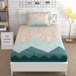 THE HOME STYLE Cotton Feel Glace Cotton Elastic Fitted All Around Printed Full Length Single Bed Bedsheet With 1 Pillow Cover (36" X 78", Pastel Green), 300 tc