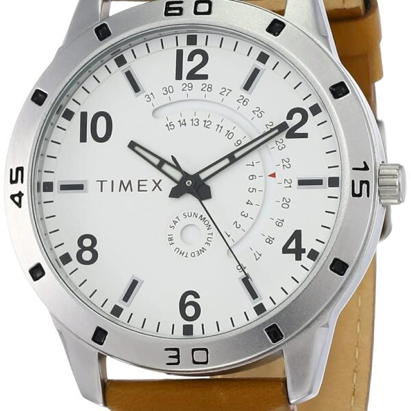 TIMEX Analog Watch for Man with White Round Dial & Brown Leather Strap Band Water Resistant Men's Wrist Watches - TW000U927