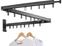 Trifold Wall Mounted Clothes Drying Rack, Space Saving Retractable Laundry Hanger with Towel Bar, Heavy Duty Collapsible Indoor & Outdoor Cloth Drying Stand for Balcony, Mudroom & Bedroom