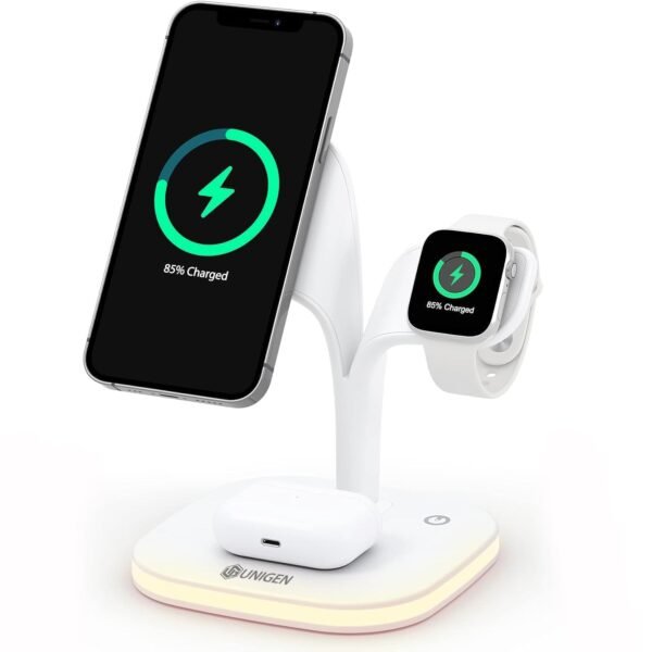 UNIGEN® MAGTEC 500 4in1 23W Foldable Mag-Safe Charger for iPhone 17/16 Plus/17/16 Pro/17/16 Pro Max,15/15 Plus/15 Pro/15 Pro Max,14/13/12 Series, AirPods 3rd/2nd, Series 9/8/7/6/5/4/SE LED Lamp-White