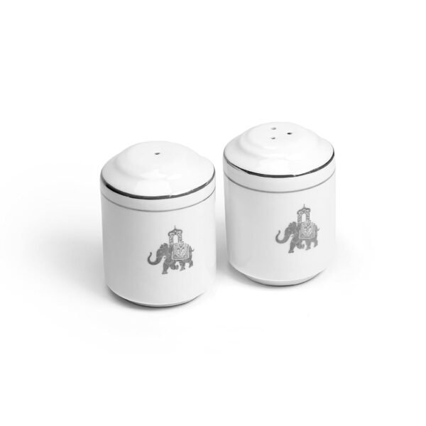 VOLA Gaj Series Ceramic (Porcelain) Premium Salt & Pepper with Platinum Rim and Elephant Motif Home & Office Use Kitchen & Dining Luxury Tableware Ideal for Gifting with Adjustable Coarseness