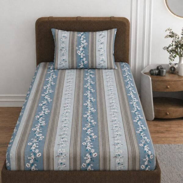 VOMZER 310 TC Cotton Feel All Around Elastic Fitted Bedsheets Single Size, Premium Fitted Bedsheets Single Size for Single Bed with 1 Pillow Covers, Size- 72” x 36” (Grey Blossom)