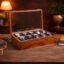 Vintage Rosewood Premium 10 slot Mens Watch Box Display Case - Luxury finish, Velvet Cushions - Glass lid and Velvet Interior Keep Watches Safe, Organized, Dust-Free - Luxury home for watches.