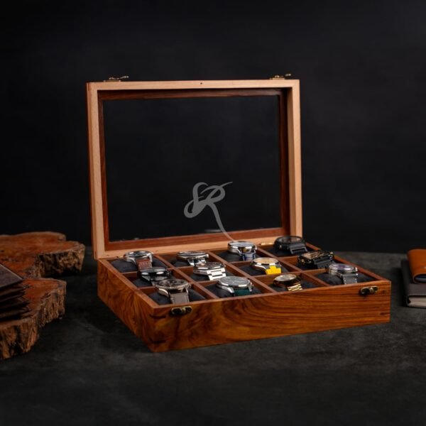 Watch Box Organizer for Men, Wooden Watch Display Case, Vintage Rosewood Brown Finish, Glass Top, Soft Velvet Lining, Luxury Watch Storage Box, Gift for Husband, Dad, Collector (Mahogany Brown)