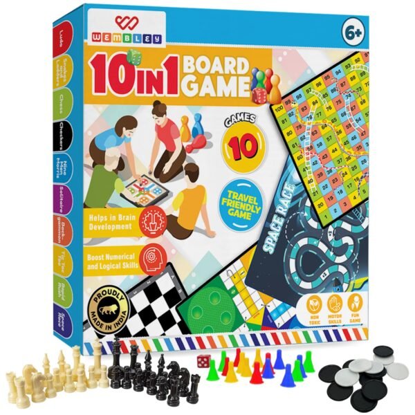 Wembley 10-in-1 Classic Board Games Set for Kids & Family| Includes Chess, Ludo, Checkers, Nine Men's Morris & More| Boosts Decision Making & Problem Solving| Indoor Strategy Game Set for Ages 6+