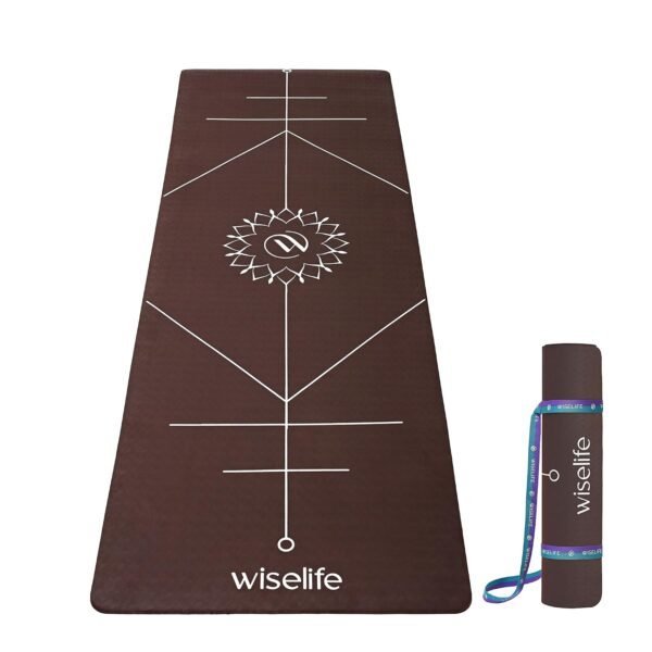 Wiselife True Body Alignment Yoga Mat + Sleek Yoga Strap For Men And Women | Non-Slip Textured Extra Wide & Thick | Pro Balance Eco-TPE Exercise Mat For Home, Pilates, Gym & Fitness (6MM,BROWN)