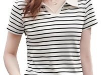Women Short Sleeve Polo T-Shirts, Lady's Summer Striped Shirt, Collar Neck Casual Tank Tops