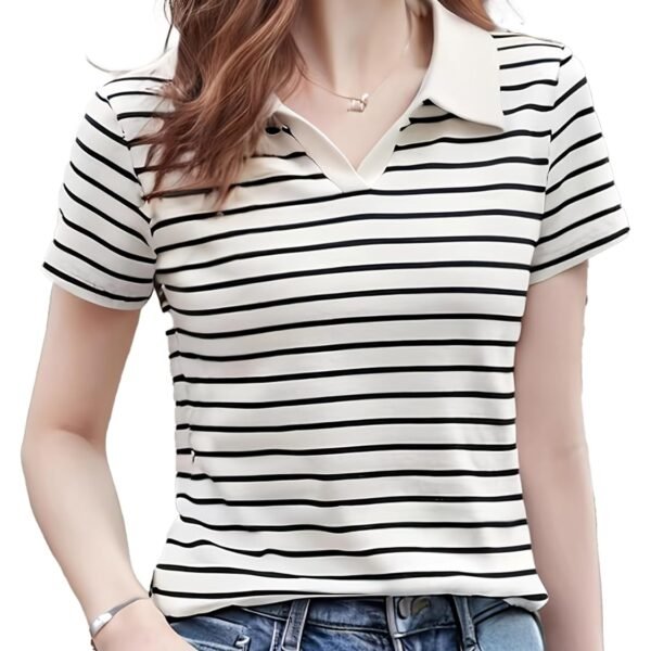 Women Short Sleeve Polo T-Shirts, Lady's Summer Striped Shirt, Collar Neck Casual Tank Tops