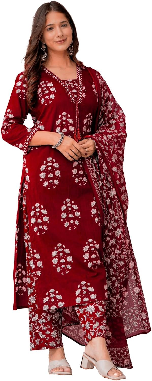 Women's Pure Cotton Printed Straight Kurta Set with Palazzo Pants & Dupatta- Ethnic Wear