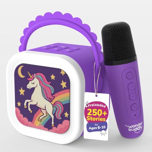 WonderBuddy StoryBox Mini, 250+ Stories Preloaded, Karaoke Mic for Singing, RGB Lights, Kids BT Speaker, Musical Toy, Storytelling Toys, Birthday Gift for 6-10 yr Girls - Unicorn with Mic