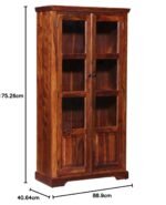 Wooden Bookshelf | Glass Door Crockery Cabinet | Solid Wood 4 Shelves Door Book Case Shelf with Storage for Home, Office & Study Room Kitchen | Sheesham Wood, Honey Oak