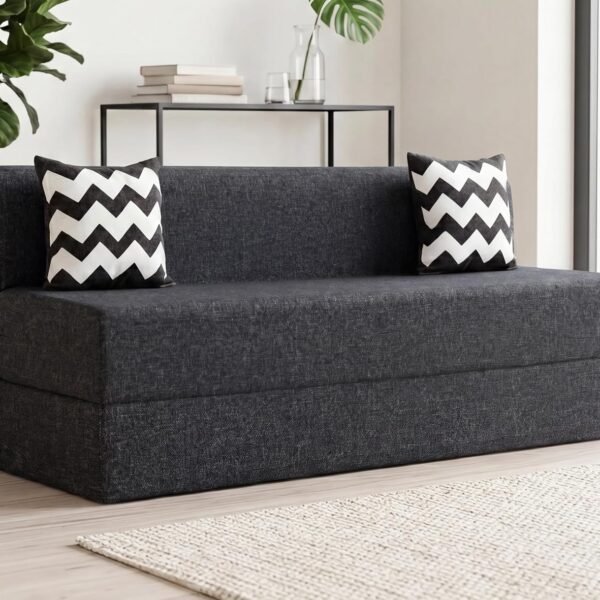 uberlyfe 3 Seater Sofa Cum Bed | 1 Year Warranty | Foldable Sofacum Bed | 15" Sofa Height| 2 Cushions Zigzag Pattern |Jute Finish Fabric, Dark Grey | 6' X 6' Feet