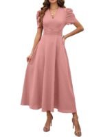 Shasmi Girl's & Women's Solid Color V-Neck A-Line Maxi Dress for Women | New Year Party Outfit | Waist Cinched Puff Sleeve Western | Elegant Casual Wear (Dress 246)