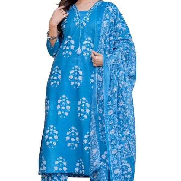 PARTHVI Women's Pure Cotton Printed Straight Kurta Set with Palazzo Pants & Dupatta- Ethnic Wear, Green