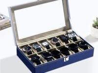 Kuber Industries Faux Leather See Through 12 Slots Wrist Watch Organiser Box for Men & Women | Watches Collection Case with Removable Pillows | Blue & White