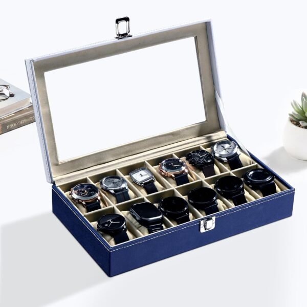 Kuber Industries Faux Leather See Through 12 Slots Wrist Watch Organiser Box for Men & Women | Watches Collection Case with Removable Pillows | Blue & White
