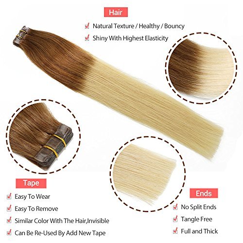 24 Inch, T6/613: Vario Tape In Human Hair Extensions 7A Ombre Hair Color Medium Light Brown #6 Fading To Bleach Blonde #613 Silky Straight Skin Weft Human Remy Hair (24Inch 70G/