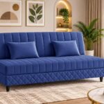 3-Seater Velvet Sofa Cum Bed, Tufted Convertible Sleeper Couch, Space-Saving Design, Comfortable Cushioned Seating - Blue