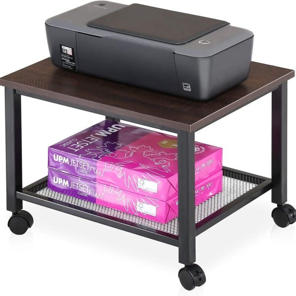 929300 Wooden-MDF Printer Stand, Trolley with Wheels with Sturdy Metal Frame, 2-Tier Desktop Storage Organiser for Fax Machine, Scanner, Files, Office Supplies, Black Made in India