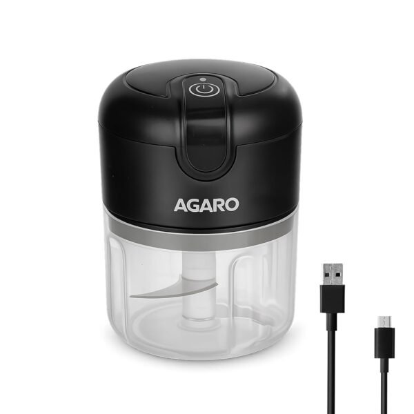 AGARO Elite Rechargeable Mini Electric Chopper, Food Grade Bowl, Stainless Steel Blades, Rechargeable, One Touch Operation, for Chopping Garlic, Ginger, Onion, Vegetable, Nuts, 250 Ml, Black