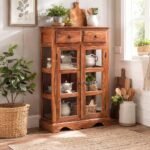 ANGEL FURNITURE Solid Sheesham Kitchen Medium Storage Crockery Cabinet in Honey Finish, Semi Gloss, 75x35x120CM