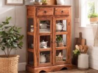 ANGEL FURNITURE Solid Sheesham Kitchen Medium Storage Crockery Cabinet in Honey Finish, Semi Gloss, 75x35x120CM