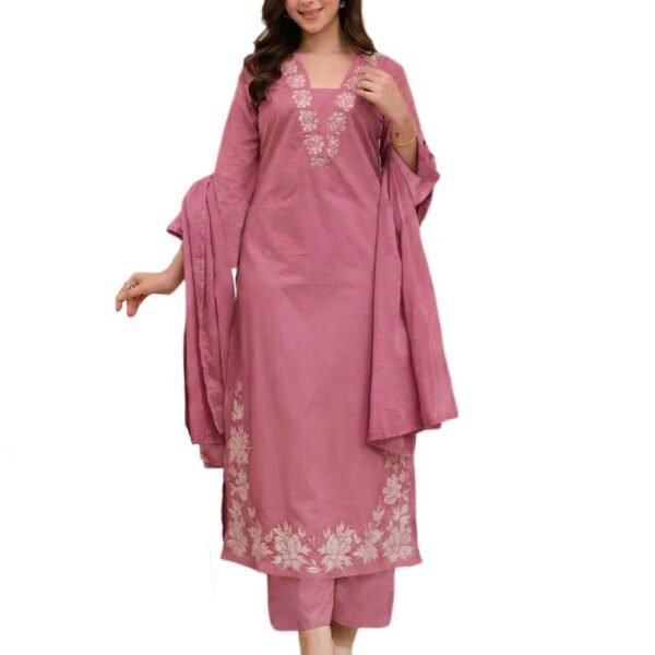 ANNI Designer Pure Cotton Embroidered Kurta Set for Women | Rust Orange Kurta with Pants & Dupatta | Floral Neck & Hem Embroidery | Cotton Kurta Set for Women | 10 Colour Options Available