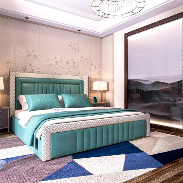 Acacia Modern Upholstered King Size Bed with Box Storage for Bedroom | Wooden Double Bed with Storage | Platform Cot Bed with Upholstery Premium Fabric | 6.5 x 6 Ft | Sheesham Wood | Pine Green