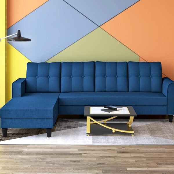 Adorn India Maddox Tufted L Shape 5 Seater Chenille Sofa Sofa Set LHS (Blue) (3 Year Warranty)