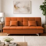 Adorn India Premium New Aspen 3 Seater Sofa Cum Bed 4X6 Velvet Suede with 2 Cushions (Color Orange) and Suitable for All Indoor, with 3 Years Warranty