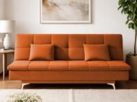Adorn India Premium New Aspen 3 Seater Sofa Cum Bed 4X6 Velvet Suede with 2 Cushions (Color Orange) and Suitable for All Indoor, with 3 Years Warranty