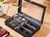 Amazon Basics Unisex Faux Leather Watch Organiser Box with 9 Slots | 6 Watch Storage Compartments | 3 Sunglasses Holder | Transparent Lid (Black)