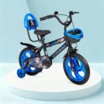 Amazon Brand – Jam & Honey Kids 14T Bicycle | Sturdy Steel Frame | EVA Tyres | Adjustable Seat & Handlebar | Training Wheels | Front Basket | Blue