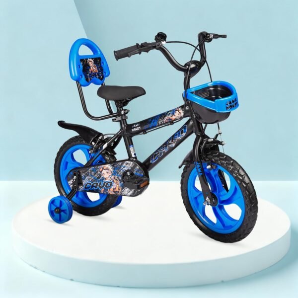 Amazon Brand – Jam & Honey Kids 14T Bicycle | Sturdy Steel Frame | EVA Tyres | Adjustable Seat & Handlebar | Training Wheels | Front Basket | Blue