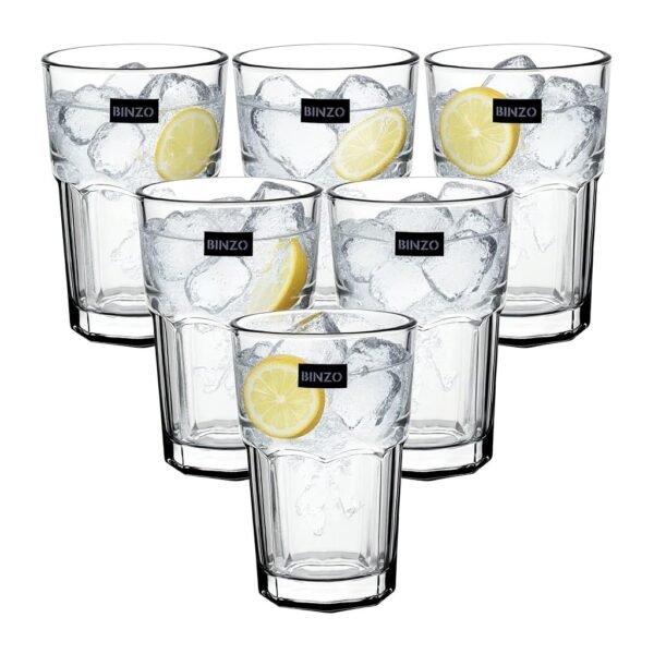 BINZO Glass Water Juice Glasses Set of 6, 300 ml, Stackable Drinking Durable Thick Tumblers, Microwave & Dishwasher Safe for Kitchen, Home, Fridge