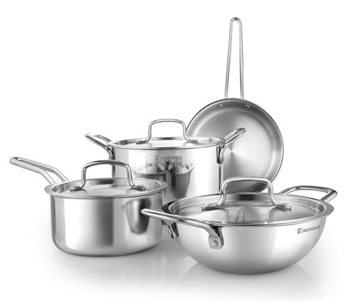 Bergner TriPro TriPly Stainless Steel 7 Pcs Cookware Set - Deep Kadai 20cm (1.5 L), 20cm Sautepan (1.2 L), 16cm Saucepan (1.7 L), 20cm Casserole (3 L), 3 Stainless Steel Lids, Induction Bottom