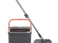 BonKaso 360° Spin Mop with Square Bucket Deluxe System Set and Reusable Microfiber Pads for Wet & Dry Glass, Wall, Tile and Home Floor Cleaning - Grey and Orange