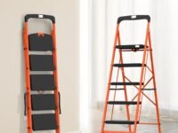 BonKaso Climb Easy 5 Step Heavy Duty Steel Folding Climbing Ladder for Home, Home & Office – with Safety Lock, Anti-Slip Wide Durable Plastic Steps, Support Handle & Tool Tray (Orange & Black)