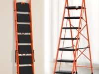 BonKaso Climb Easy 7 Step Foldable Steel Kitchen Ladder for Indoor & Outdoor use with Safety Clutch Lock, Anti-Slip Wide Durable Plastic Steps, Support Handle & Tool Tray (Orange & Black)
