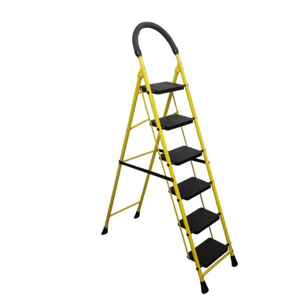 BonKaso Mild Steel Multipurpose Climb Swift 6-Step Foldable Ladder with Safety Clutch Lock, Load Capacity Upto 120kg – Anti-Slip Designed for Indoor & Outdoor Use - (Yellow & Black)