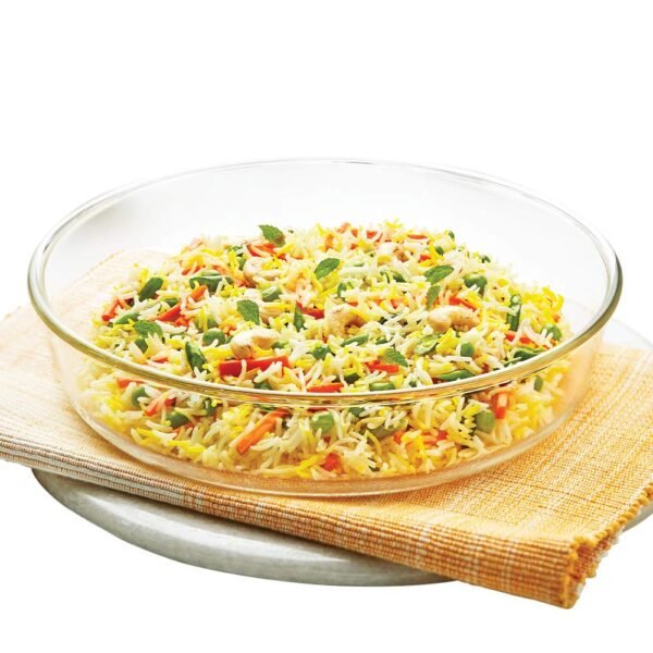 Borosil Baking & Serving Round Shape Fluted Dish | Borosilicate Glass Bakeware and Serveware Tray | Microwave, Oven & Dishwasher Safe Bowl | Transparent (2 L)