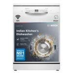 Bosch 14 Place Setting Free Standing Dishwasher for Indian Utensils, WiFi Enabled, Intensive Kadhai Program, Inbuilt Heater, Fits Up to 80 Utensils, White (SMS6IKW01I)