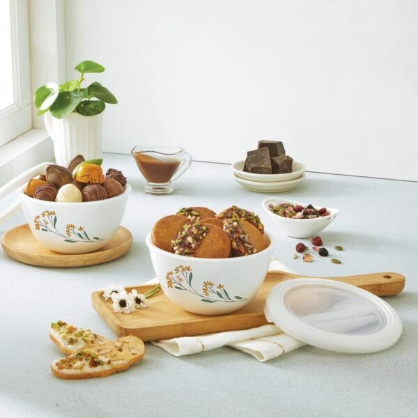 CELLO Opalware Mixing Bowl Set with Premium Lid, Yellow Blossom, 2 Units, 500 ml Each, White