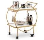 CORSICA DESIGNS | Aamna 2-Tier Round Bar Trolley | Sturdy & Rust-Resistant Mild-Steel | Party, Dining, Hosting. Entertainment | Wine Cart on Wheels | Glam Gold (White Marble Shelving)