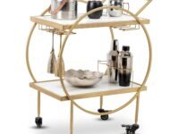CORSICA DESIGNS | Aamna 2-Tier Round Bar Trolley | Sturdy & Rust-Resistant Mild-Steel | Party, Dining, Hosting. Entertainment | Wine Cart on Wheels | Glam Gold (White Marble Shelving)