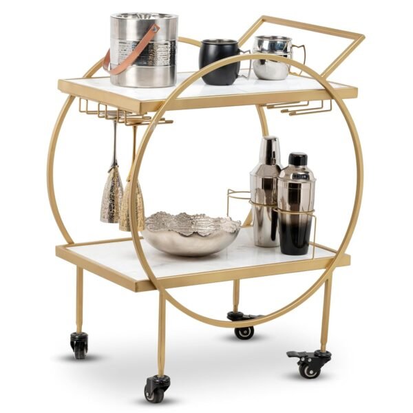 CORSICA DESIGNS | Aamna 2-Tier Round Bar Trolley | Sturdy & Rust-Resistant Mild-Steel | Party, Dining, Hosting. Entertainment | Wine Cart on Wheels | Glam Gold (White Marble Shelving)