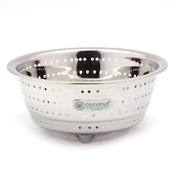 Coconut Stainless Steel Colander Strainer for Kitchen – Large Rice Washer, Fruit & Vegetable Washing Bowl with Handles – Rust-Proof, Heavy-Duty Multipurpose Sieve Basket - Pack of 1 | 20 cm