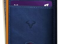 Contacts Genuine Leather Slim Wallet | RFID Blocking Skinny Minimal Thin Front Pocket Wallet Sleeve Card Holder for Men | Up to 7 Card Slots Including 1 ID Window (Blue)